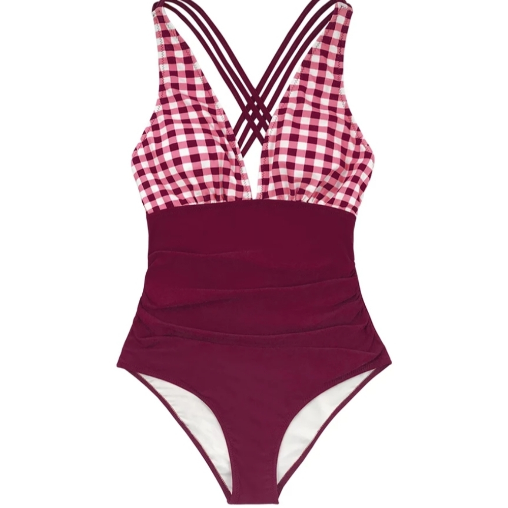 Cupshe Gingham V-Neck One-Piece Swimsuit in Burgundy and Black - Picture 3 of 3